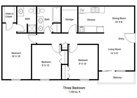 Floor plan for 3 beds, 2 baths, 1100 sqft